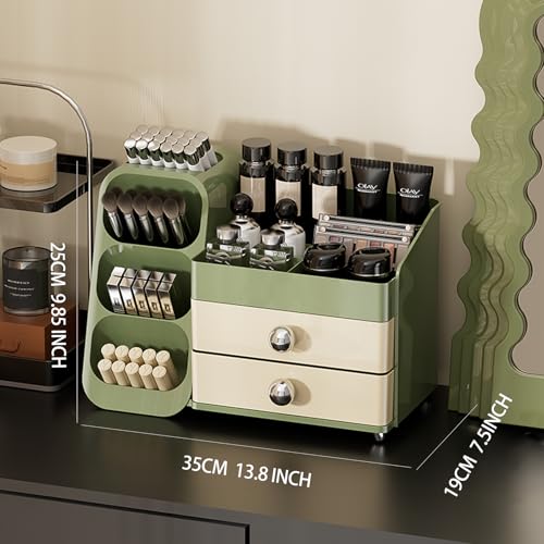 Makeup Organizer Countertop For Women,Brush Holder, Makeup Storage Organizer with 2 Drawers, Spacious Cosmetic Display Case for Beauty Essential, Skincare, Lipstick (Green)