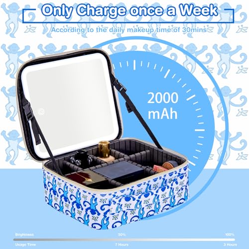 Portable Makeup Train Case with LED Mirror - Blue Travel Organizer & Mirror