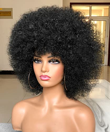 Short Afro Wig with Bangs for Black Women - 70s Kinky Curly Premium Synthetic Wig, Natural Black
