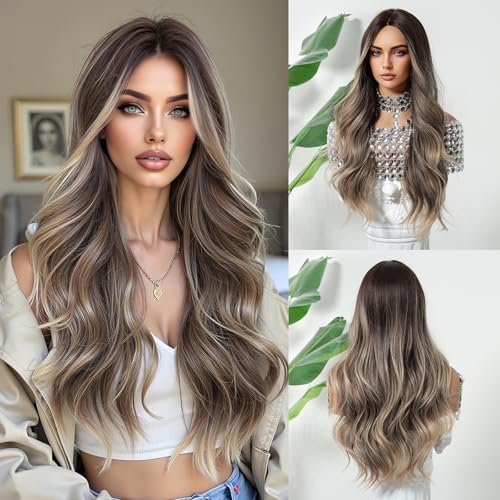 Mixed Brown Long Curly Wigs for Women Heat Resistant Synthetic Hair - Natural Layered Style