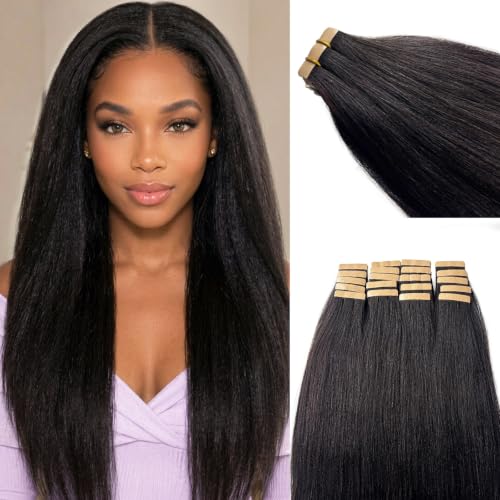 Yaki Straight Tape-in Hair Extensions for Black Women - 12 Inch, 50G, 20PCS, Light Human Hair, Seamless & Double Sided Tapes - Variation YK
