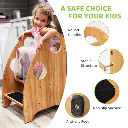 Wooden Toddler Step Stool with Non-Slip Steps & Safety Handles - Supports 350 lbs