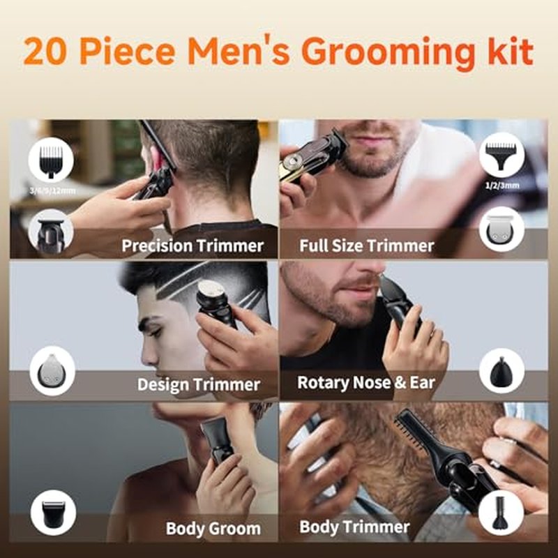 20 Piece Hair Clipper Beard Trimmer for Men, All-in-One Men's Grooming Kit for Nose,Ear,Body,Mustache, Cordless Electric Shaver Razor with IPX6 Waterproof,120-Min Runtime,LED Display