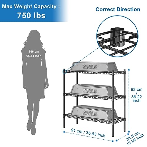 Heavy Duty Wire Shelving 3-Tier Storage Rack Black - Adjustable Metal Organizer