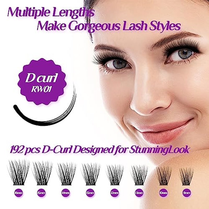 Lash Clusters DIY Eyelash Extension: Mega Volume C D Curl Individual Lashes 192PCS - Eyelash Clusters Extensions Wispy Natural Look False Lashes Cluster Fake DIY at Home 9-16mm RW01 by Risute