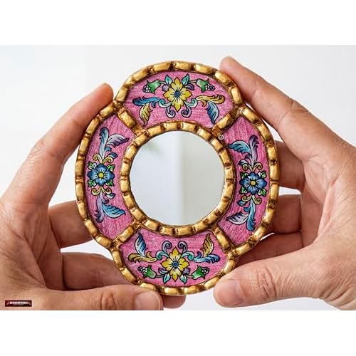 Peruvian Mirror Wall - Handmade Reverse Painted Glass Art - Elegant Miniature Oval Mirror for Gallery Wall - Unique 6" x 5.1" (Pink)