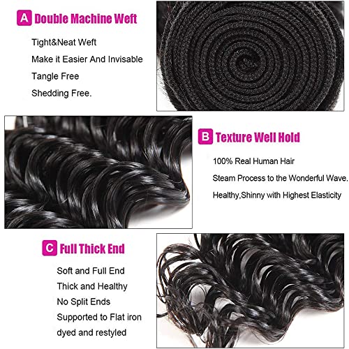Black #1B Deep Wave Human Hair Bundles 14-18 Inch 3 Pack 160g Brazilian Virgin Remy