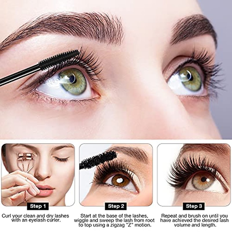 2 Pack Black Volume & Length Lasting All Day Mascara, 4D Silk Fiber Lash, Waterproof Lengthening No Clumping & Smudging