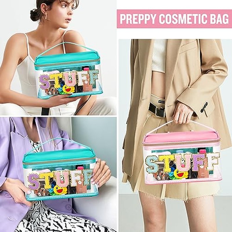 2 Pack Chenille Letter Clear Makeup Bags Stuff Pouch, Preppy Patch Makeup Bag Zipper with Handle, Pink Stuff Bags for Travel Nylon Waterproof Glitter Cosmetic Toiletry Storage for Women(Pink+Green)