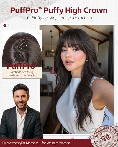 Dark Sandalwood Brown Wavy Wig with Bangs - 22 Inch Voluminous High Crown Synthetic Hair - Realistic Scalp, Adjustable Fit, Office & Casual Styles - Variation: Dark Sandalwood Brown