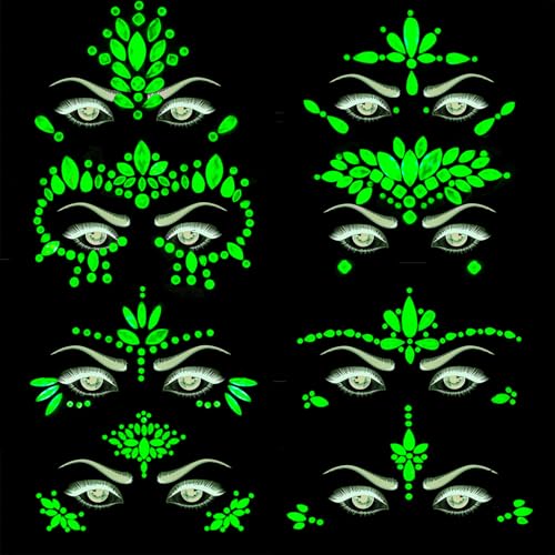 8Sets Noctilucent Face Gems Body Stickers Glow in the Dark Luminous Face Jewels fluorescent face tattoo crystals rhinestone sticker body jewelry for Halloween
