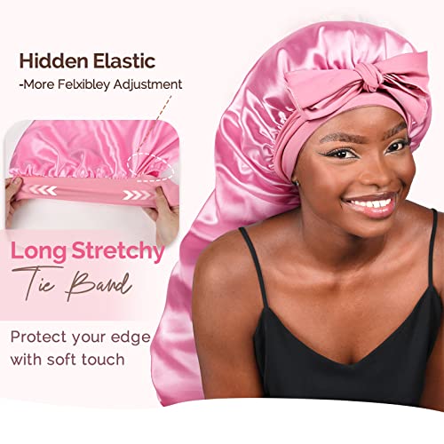 YANIBEST Large Black & Pink Silk Feeling Sleep Bonnet for Long Hair & Braids