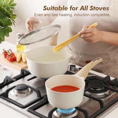 Ceramic Saucepan Set 2.0 & 3.0 Quarts Nonstick Cookware with Lid, Induction Suitable, White Variation