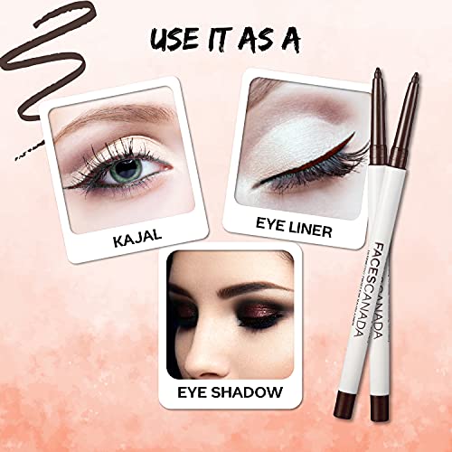 FACESCANADA Twist Eye Liner, 4 Bright Shades, 24 Hrs Long Stay, Waterproof, Smudgeproof, Fade Proof, With Soft Carnauba Wax, Silver, Brown, Blue, Plum, Intense Color In One Stroke, Brown, 2.29 Oz