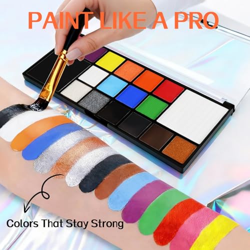 Face Body Paint Kit for Kids Adults-Washable 18 Colors Face Painting Kit with 10 Brushes, Non-Toxic, Skin Safe, Water-Activated Facepaint Palette for Halloween Makeup Cosplay Costume Party