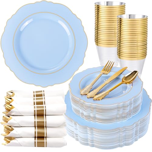 Light Blue Disposable Plastic Plates Set for Weddings & Parties - 350PCS