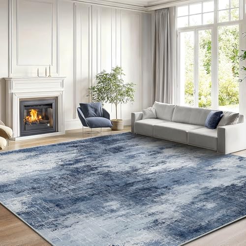 Amada 8'x10' Dark Blue Abstract Washable Area Rug for Living Room