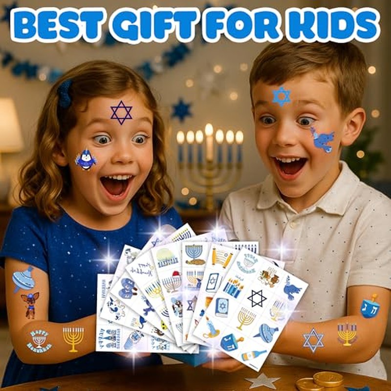 96 PCS Happy Hanukkah Pre-cut Temporary Tattoos Sticker Birthday Light Chanukah Party Decorations Supplies Favors Boys Girls Menorah Star David Dreidel Cute Fake Tattoo Reward Themed Christmas Holiday