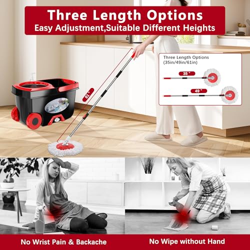 RinseWise Large Spin Mop Bucket Set with Wringer & 6 Microfiber Heads, 2 Gal, Black - Includes 6 Mop Heads