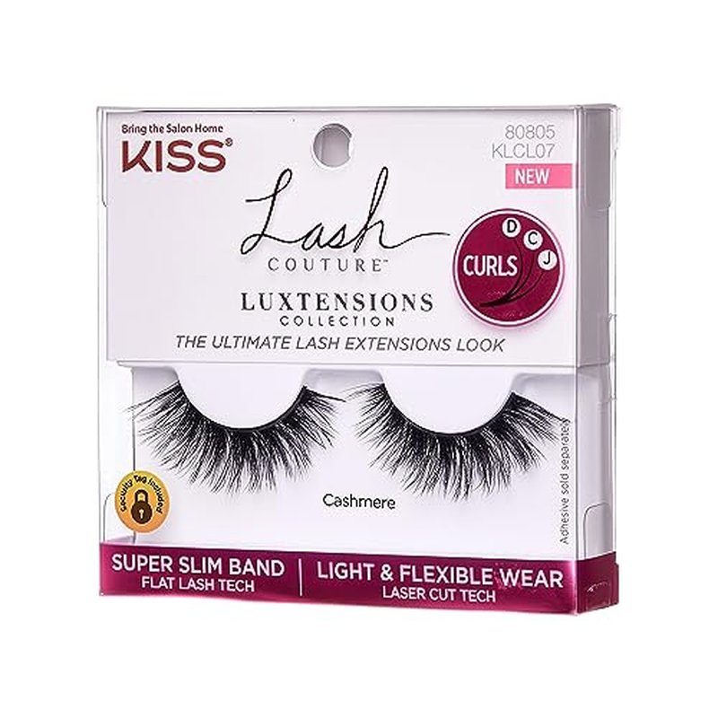 KISS Lash Couture LuXtensions Collection False Eyelashes, Flat Lash Technology, Super Slim Lash Band, Real Lash Extension Fibers, Reusable, Style ¡®Cashmere¡¯, 14mm, 1 Pair Strip Lashes (Pack of 2)