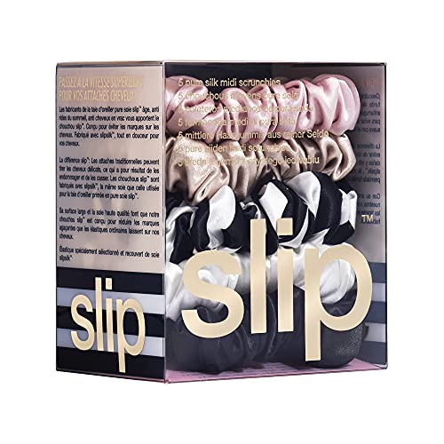 Multi-Colored Silk Hair Scrunchies 5 Pack - Gentle on Hair, Slip Back to Basics Midi