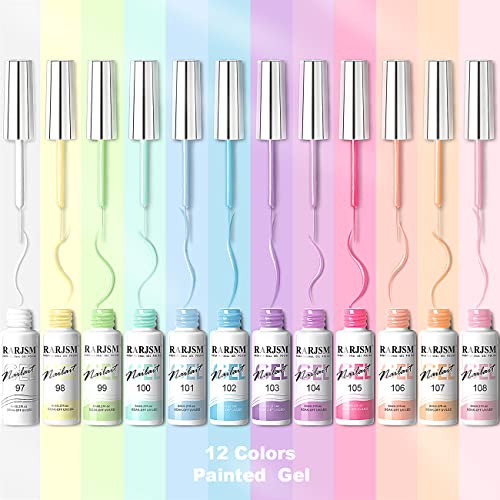 Pastel Nail Art Gel Liner Set - 12 Spring & Summer Colors, Thin Brush, 8ML, Soak Off