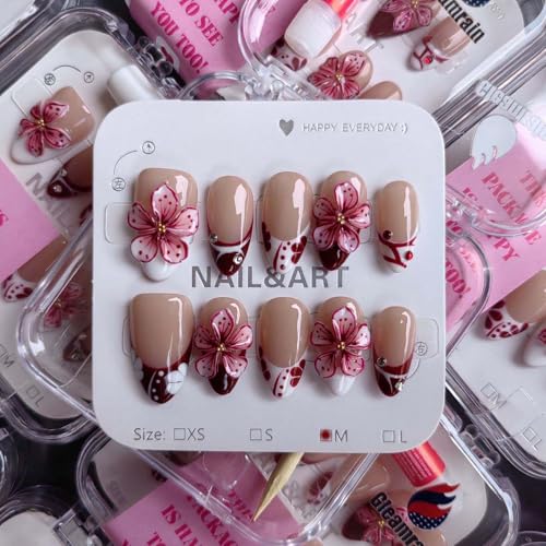 Luxury Professional Manicurist Handmade Nails Press Ons Almond Shape Short Press on Nails with French Tip and 3d Flower Design Nude Base Spring and Daily Use for Women 10pcs Pattern 25