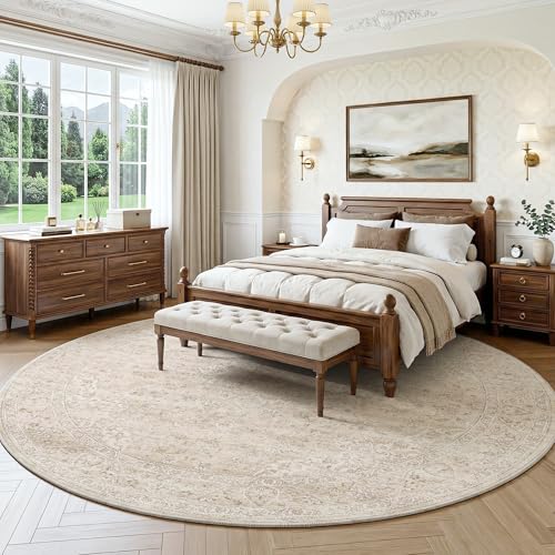 FMFUNCTEX 8ft Round Beige Vintage Area Rug - Washable, Non-Slip, Plush Living Room