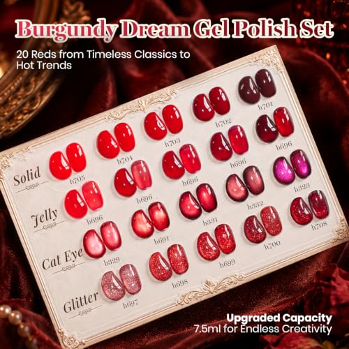 Beetles Red Gel Nail Polish Set - Jelly Glitter & Cat Eye Finish, Burgundy Dream Variation
