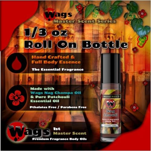 WagsMarket - Nag Champa Perfume Oil & Patchouli Essential Oil, Nag Chouli Essential Perfume Oil, Choose from Roll On to 0.33oz - 4oz Glass Bottle (0.33oz Roll On)