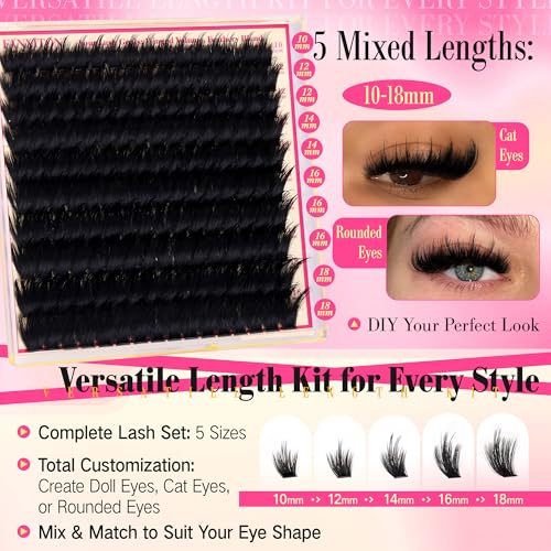 Volume Lash Clusters Kit with Spikes Lash Extension Kit 300D Lashes Cluster Eyelash Clusters 10-18mm Thick D Curl Lash Clusters 3D Fluffy Cluster Eyelash Extensions Lash Bond and Seal Tweezers Brush