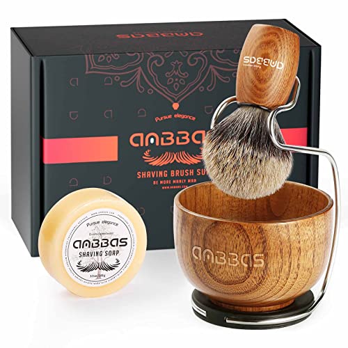 Brown Badger Hair Shaving Brush Set for Men with Lather Bowl & Soap - Anbbas 4-in-1