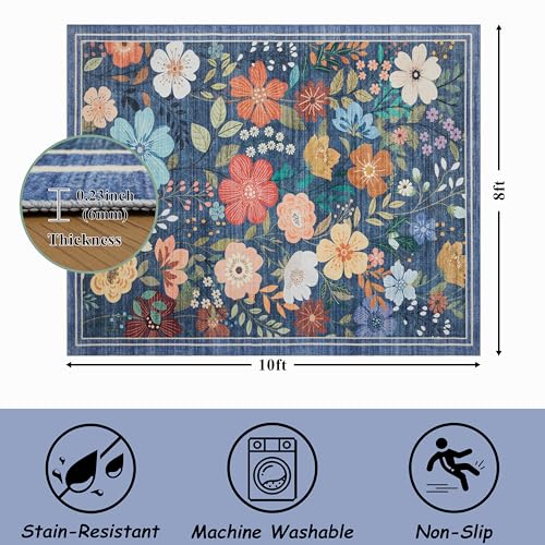 Blue Floral Washable Area Rug 8x10 - Ultra Soft, Non-Slip, Pet Friendly
