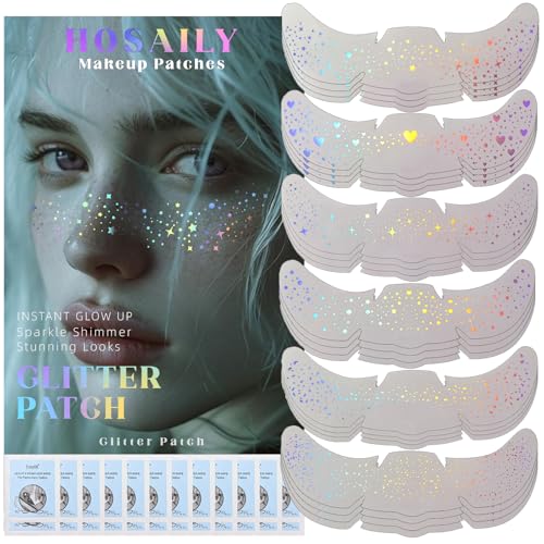 24 pcs Holographic Multichrome Glitter Freckles Face Tattoo, Waterproof Sparkle Face Glitter Speckles Patches for Women, Cute Star Glitter Temporary Tattoo Makeup Accessories for Festival Rave