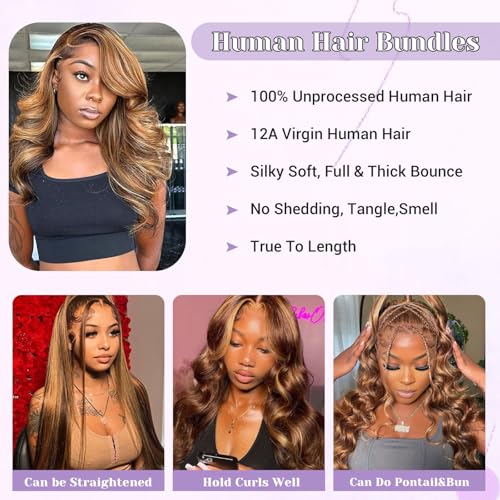 Highlight P4/27 12 Inch Body Wave Lace Closure Human Hair 5x5 Highlight Brown Honey Blonde Piano Color