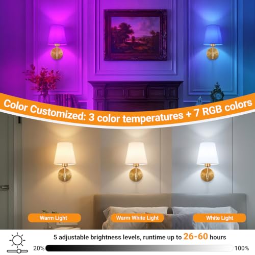 Nekhung Brass Battery Operated Wall Sconce Set of 2 - Peel & Stick, Rechargeable RGB Dimmable Lighting