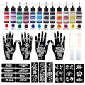 Temporary Tattoo Henna Kit Safe & Easy Fake 12 Bottles 11 Colors Ink 18 Big Pcs Stencils for Adults/Kids-fake tattoos (Black¡¿2, Red, Green, Purple, Orange, Navy Blue, Brown, Pink, Grey, Yellow)