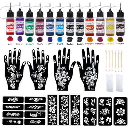 Temporary Tattoo Henna Kit Safe & Easy Fake 12 Bottles 11 Colors Ink 18 Big Pcs Stencils for Adults/Kids-fake tattoos (Black¡¿2, Red, Green, Purple, Orange, Navy Blue, Brown, Pink, Grey, Yellow)
