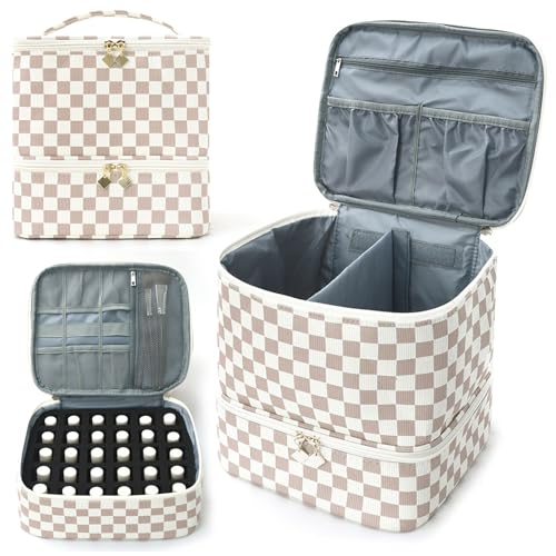 KhaKi Checkered Nail Polish Organizer Bag Holds 30 Bottles 2-Layer Travel Case