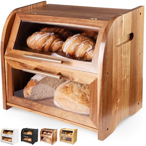 Apace Living Umber Acacia Wooden Extra Large 2-Shelf Bread Box for Kitchen Countertop