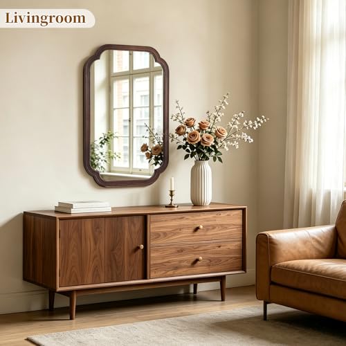 Wood Bathroom Mirror 20x30 Inch Wall Decor Arched Rustic Walnut Frame for Vanity, Bedroom, Entryway - Variation of Walnut / 30"L x 20"W
