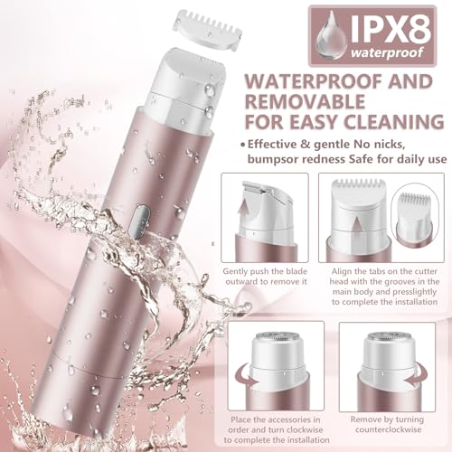Bikini Trimmer for Women, 2-in-1 Electric Shaver & Painless Hair Remover, IPX8 Waterproof for Wet & Dry Use, USB-C Fast Charge, for Body Face Legs Underarms Sensitive Skin - Rose Pink