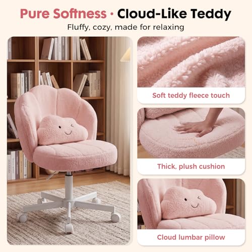 COMHOMA Pink Petal Vanity Chair with Wheels – Adjustable Teddy Fleece Desk Chair