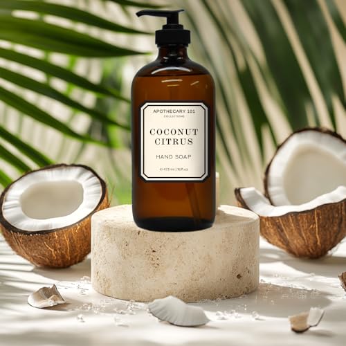 Apothecary 101 Glass Hand Soap Set, Sea Salt Verbena, Huckleberry, Lily Rose, Coconut Citrus, 16 Fl Oz Bottles, Home and Body Company