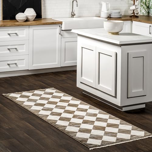 NuLOOM Meline Checkered Fringe Area Rug - 2'6 x 13' Beige Blue Ivory High Traffic