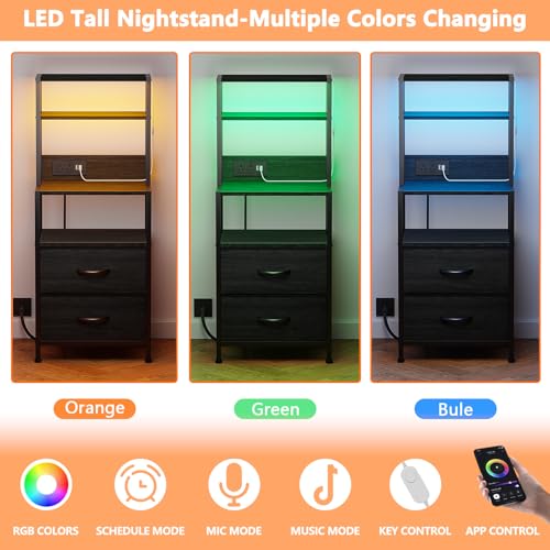 Furnulem Night Stand with 4 Shelves, 2 Fabric Drawers, Black Oak, 2 Drawer - Tall Bedside Table with Charging & LED Lights