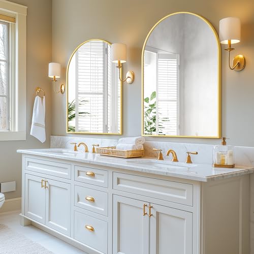 Gold Arched Wall Mirror 40x28 Inches Metal Frame Vanity Mirror for Bathroom & Decor - TRAHOME