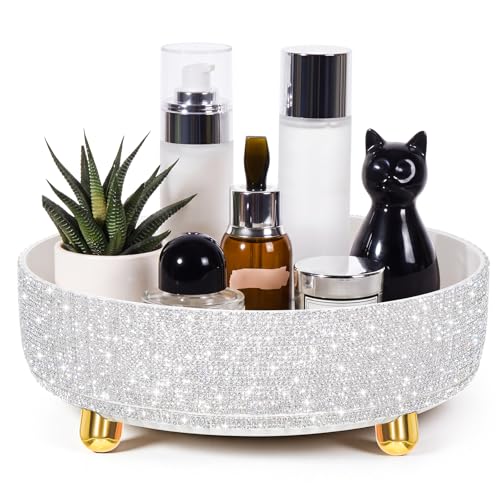 Honeydak 1 Tier Rotating Perfume Organizer Tray with Rhinestones - White