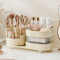 3 Layer Rotating Makeup Organizer with Drawer & Brush Holder - Ivory