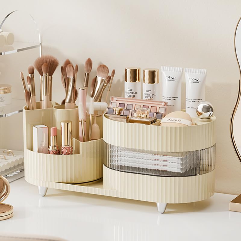 3 Layer Rotating Makeup Organizer with Drawer & Brush Holder - Ivory
